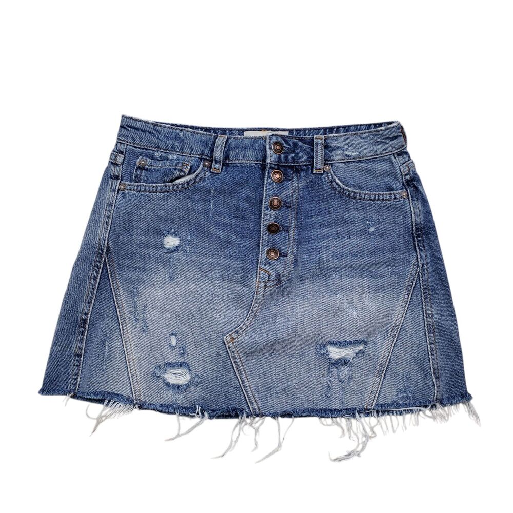 Free People We The Free Mini Jean Skirt Womens 27 Denim Distressed Button Fly - Picture 2 of 10